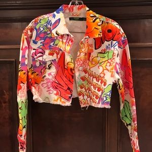 Jaded London White Graffiti Print Crop Denim Jaket